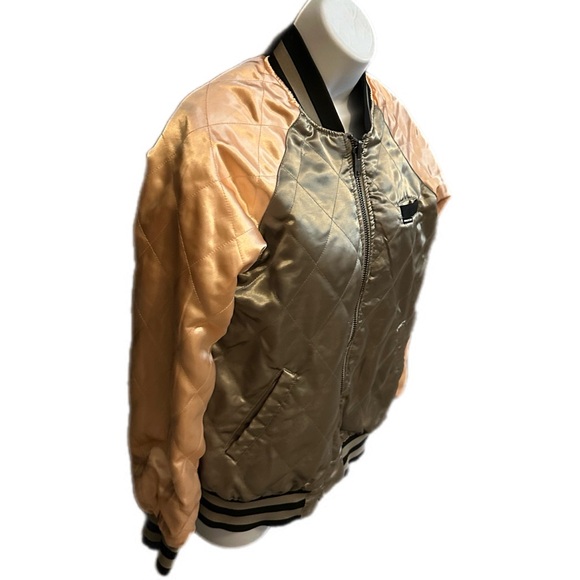 Members Only Bomber Jacket Green Peach Satin Reversible Full Zip - Picture 9 of 14